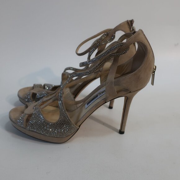 Authentic Jimmy Choo Taupe Bedazzled Suede Ankle Strap Zip Heels 38.5 US/8.5 - Picture 6 of 16